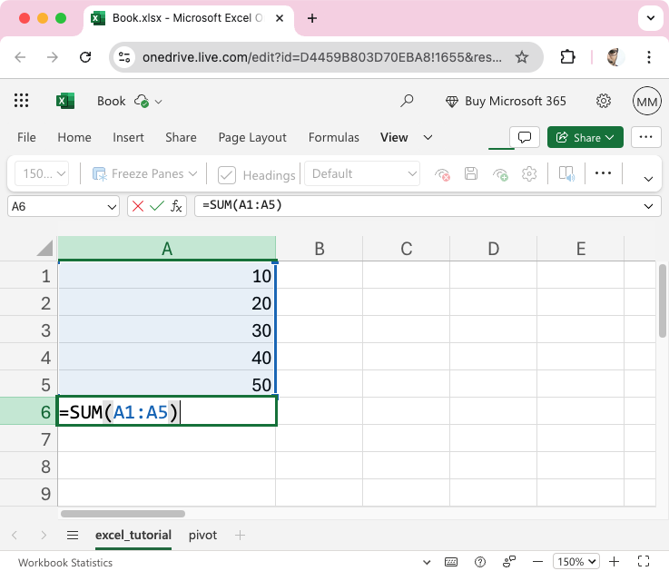 Using the SUM Function to find the sum five cells in a Column